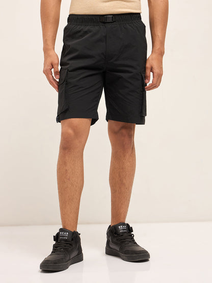 Black Solid Nylon Cargo Shorts with Multiple Utility Pockets