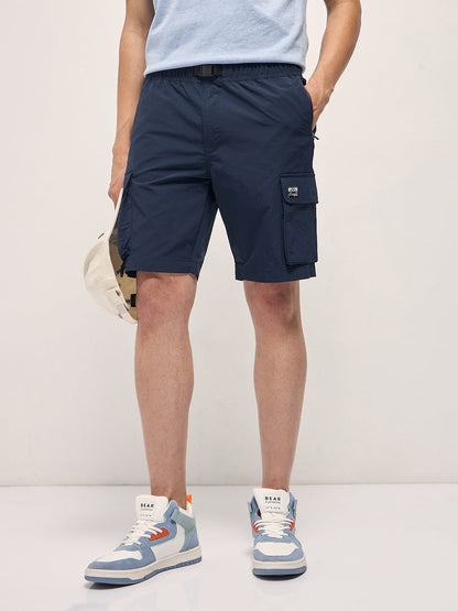 Navy Blue Solid Nylon Cargo Shorts with Multiple Utility Pockets
