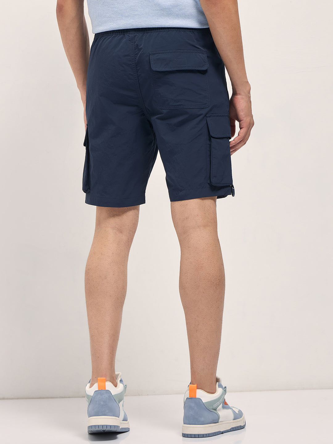 Navy Blue Solid Nylon Cargo Shorts with Multiple Utility Pockets