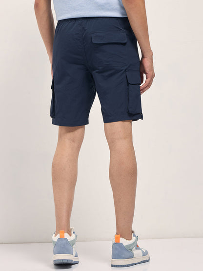 Navy Blue Solid Nylon Cargo Shorts with Multiple Utility Pockets