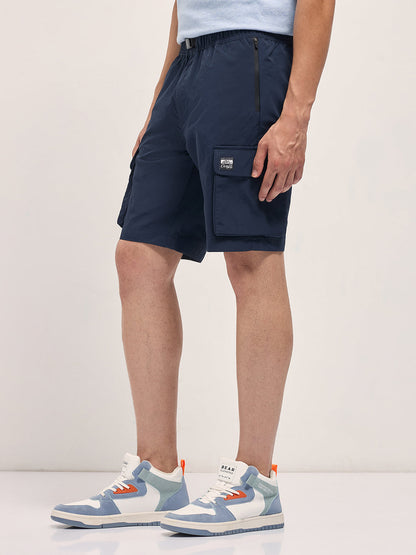 Navy Blue Solid Nylon Cargo Shorts with Multiple Utility Pockets