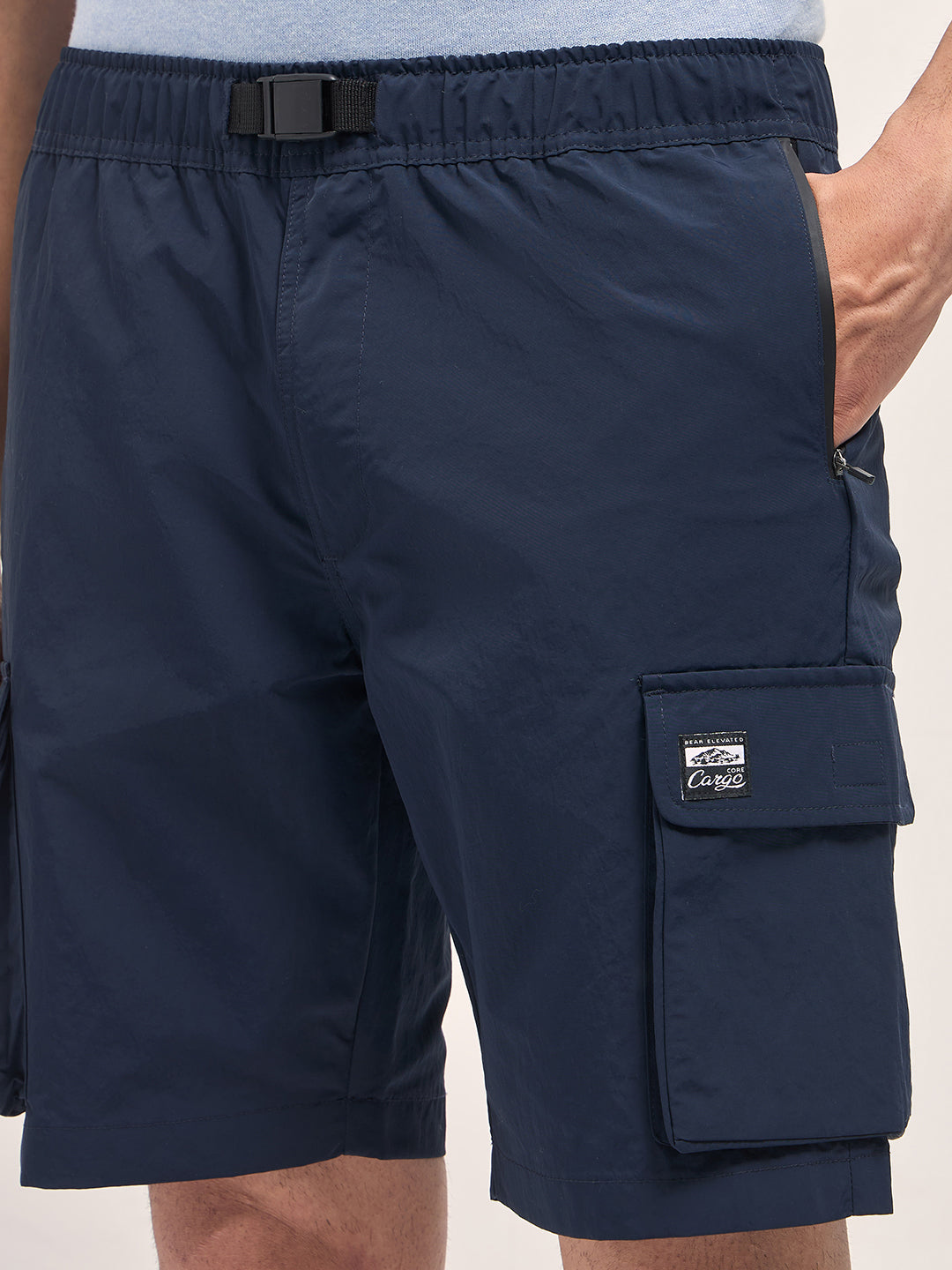 Navy Blue Solid Nylon Cargo Shorts with Multiple Utility Pockets
