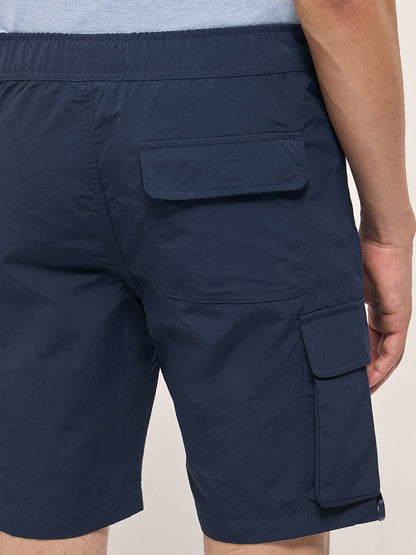 Navy Blue Solid Nylon Cargo Shorts with Multiple Utility Pockets