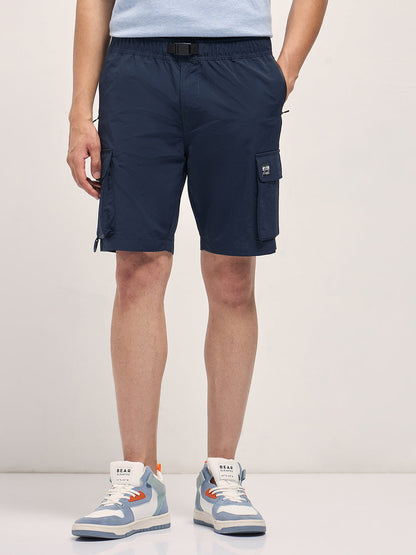 Navy Blue Solid Nylon Cargo Shorts with Multiple Utility Pockets