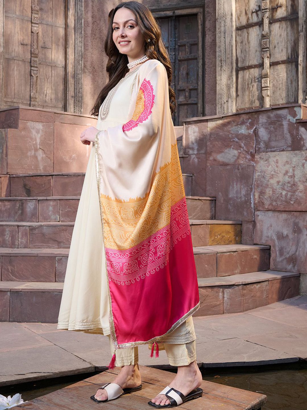 Women Embroidered Empire Mirror Work Kurta with Trousers & With Dupatta
