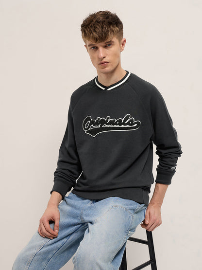 Black Chenille Patch Design Relax Fit Crew Neck Sweatshirt