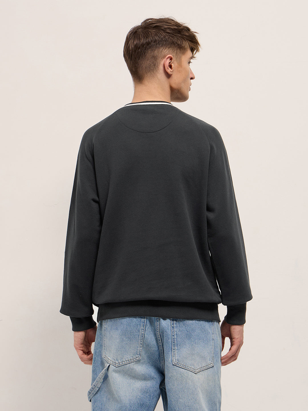 Black Chenille Patch Design Relax Fit Crew Neck Sweatshirt