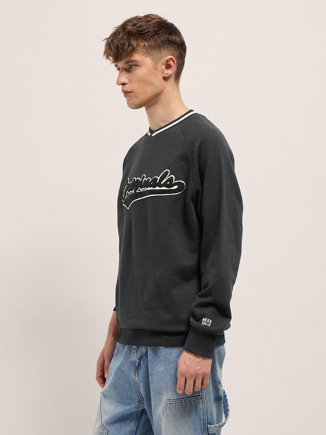 Black Chenille Patch Design Relax Fit Crew Neck Sweatshirt