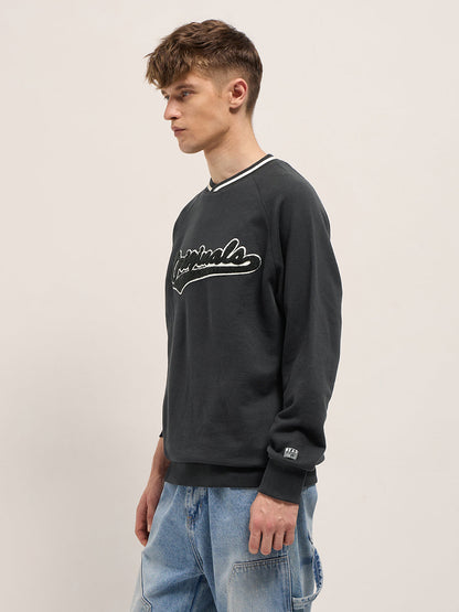 Black Chenille Patch Design Relax Fit Crew Neck Sweatshirt