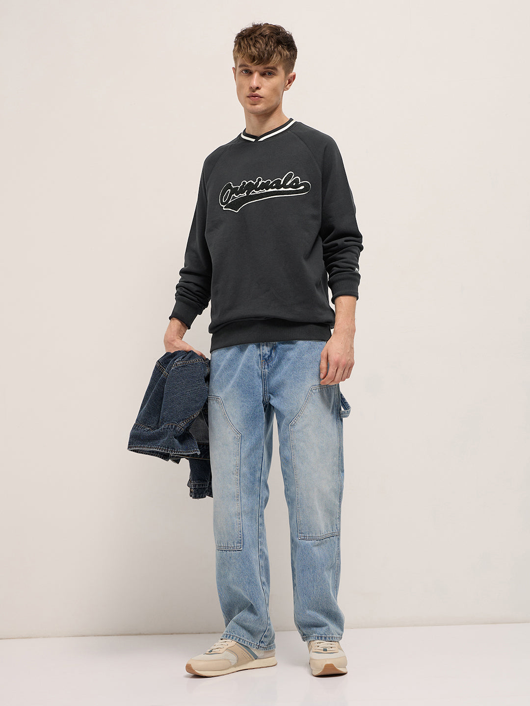 Black Chenille Patch Design Relax Fit Crew Neck Sweatshirt