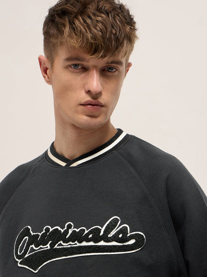 Black Chenille Patch Design Relax Fit Crew Neck Sweatshirt