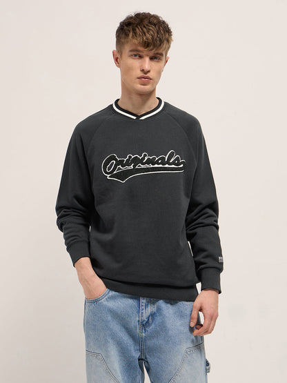 Black Chenille Patch Design Relax Fit Crew Neck Sweatshirt
