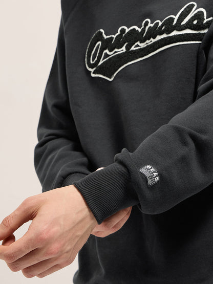 Black Chenille Patch Design Relax Fit Crew Neck Sweatshirt
