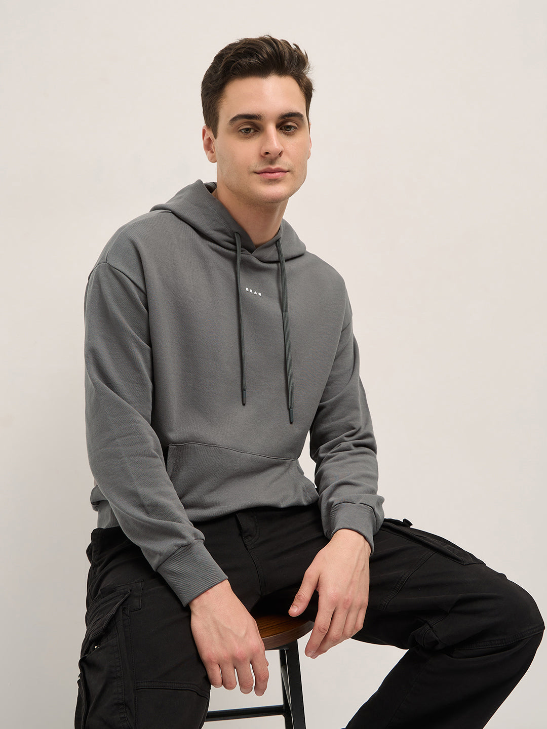 Grey Solid Relax Fit Hoodie