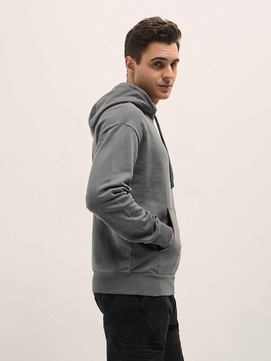 Grey Solid Relax Fit Hoodie