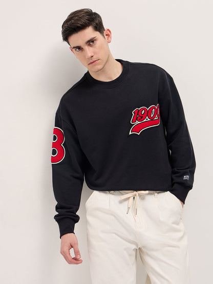 Black Chenille Patch Design Relax Fit Crew Neck Sweatshirt