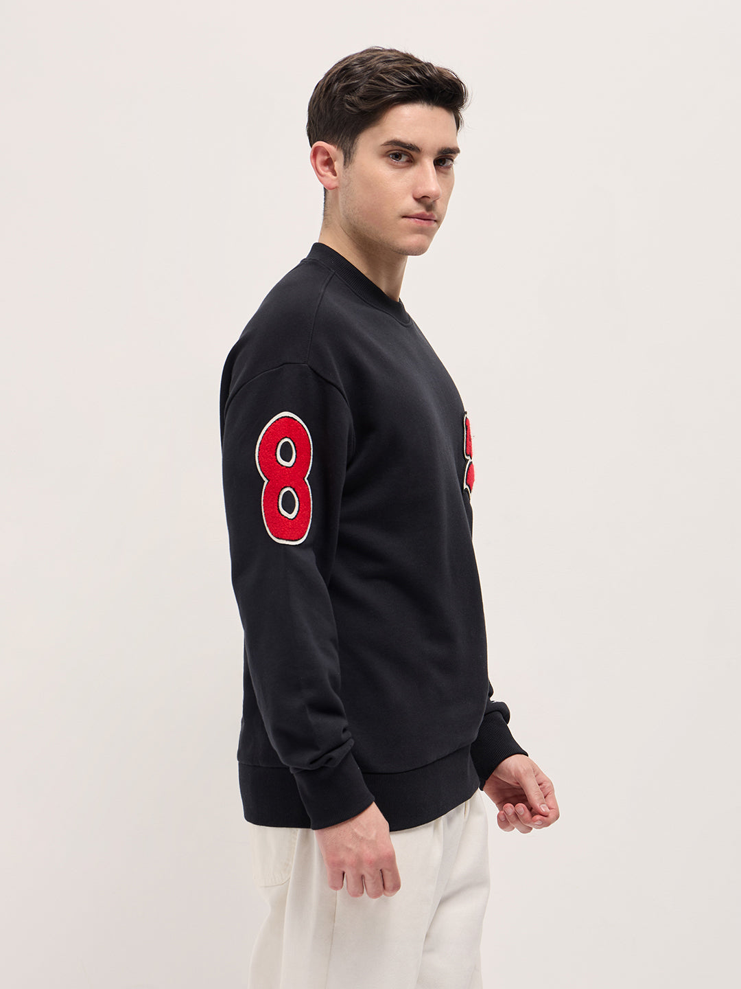 Black Chenille Patch Design Relax Fit Crew Neck Sweatshirt