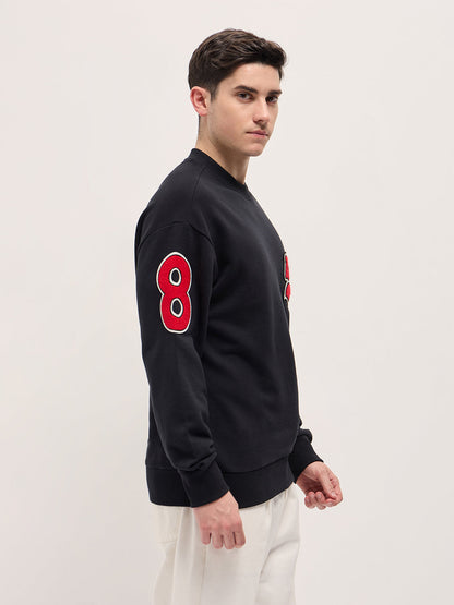 Black Chenille Patch Design Relax Fit Crew Neck Sweatshirt