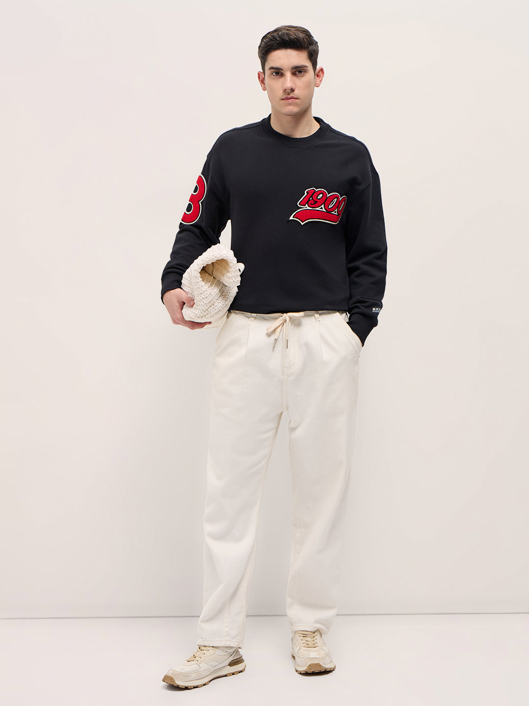 Black Chenille Patch Design Relax Fit Crew Neck Sweatshirt