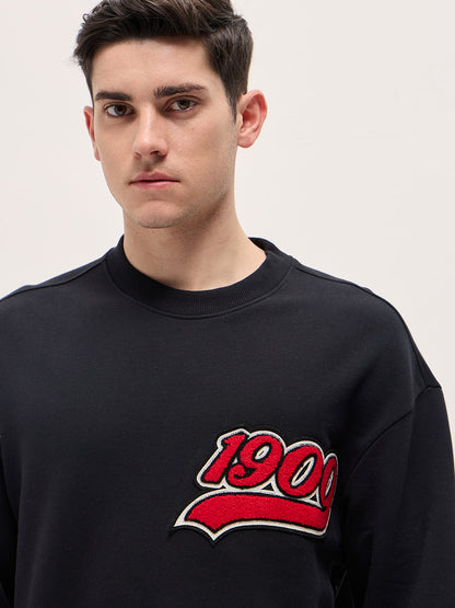 Black Chenille Patch Design Relax Fit Crew Neck Sweatshirt