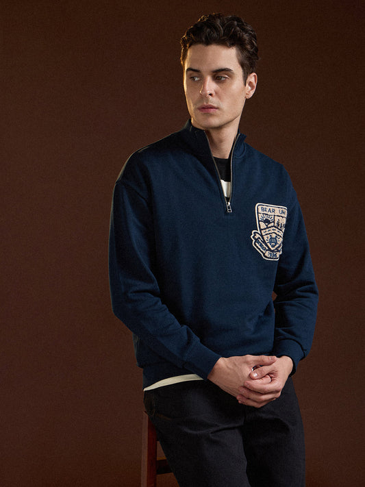 Blue Half-Zip Relax Fit Sweatshirt with Chenille Patch Design