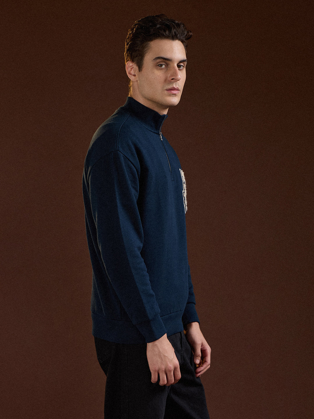 Blue Half-Zip Relax Fit Sweatshirt with Chenille Patch Design