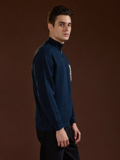 Blue Half-Zip Relax Fit Sweatshirt with Chenille Patch Design