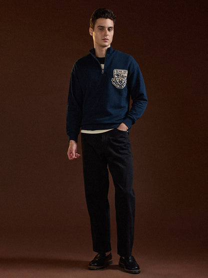 Blue Half-Zip Relax Fit Sweatshirt with Chenille Patch Design