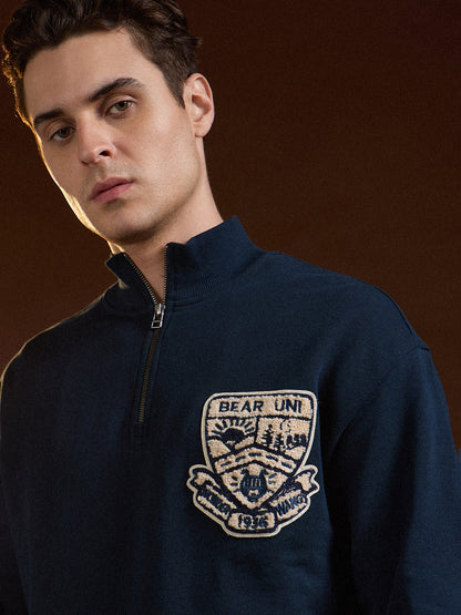 Blue Half-Zip Relax Fit Sweatshirt with Chenille Patch Design