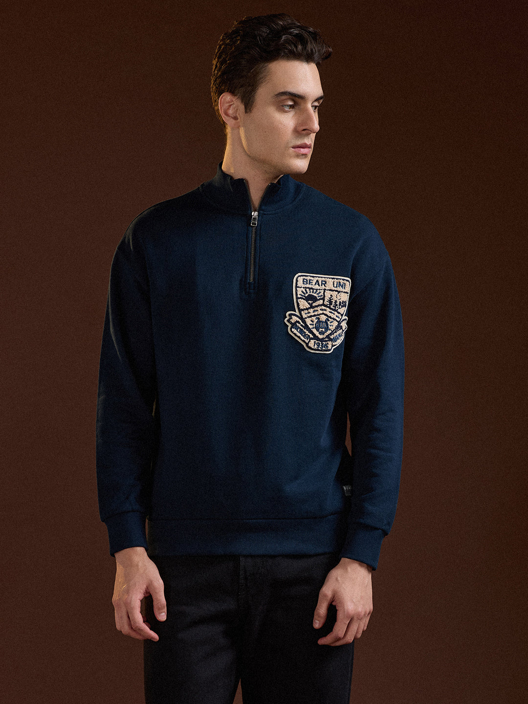 Blue Half-Zip Relax Fit Sweatshirt with Chenille Patch Design