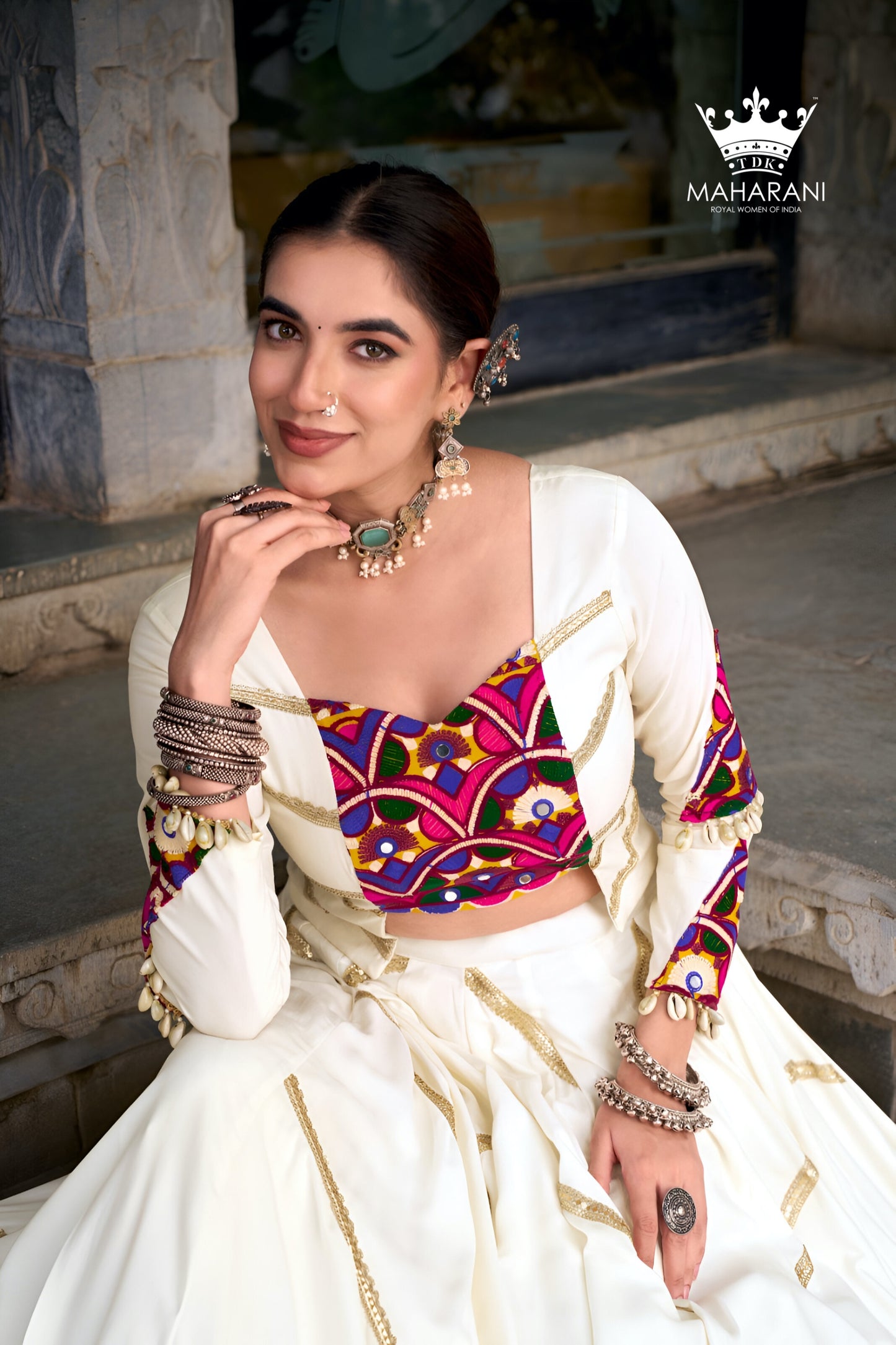 White Sequins With Mirror Work Lehenga for Navratri/Garba (adjustable blouse size S - L)