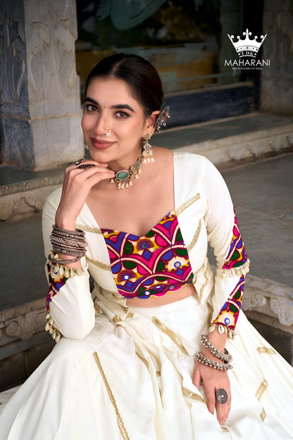 White Sequins With Mirror Work Lehenga for Navratri/Garba (adjustable blouse size S - L)