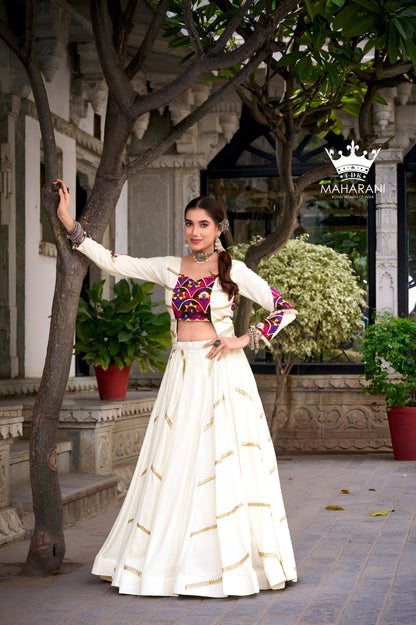 White Sequins With Mirror Work Lehenga for Navratri/Garba (adjustable blouse size S - L)