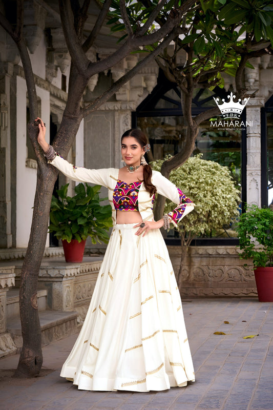 White Sequins With Mirror Work Lehenga for Navratri/Garba (adjustable blouse size S - L)