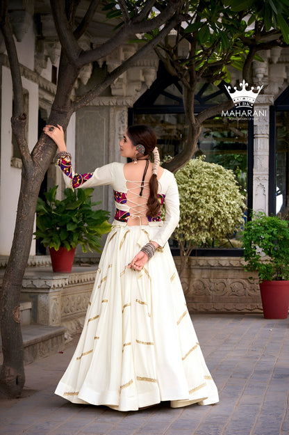 White Sequins With Mirror Work Lehenga for Navratri/Garba (adjustable blouse size S - L)