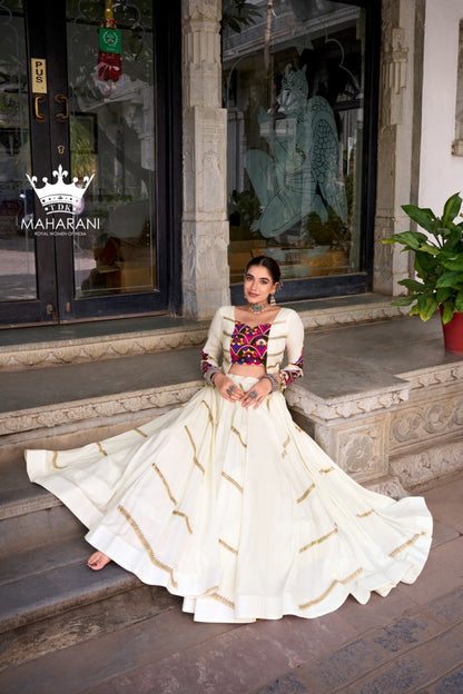 White Sequins With Mirror Work Lehenga for Navratri/Garba (adjustable blouse size S - L)