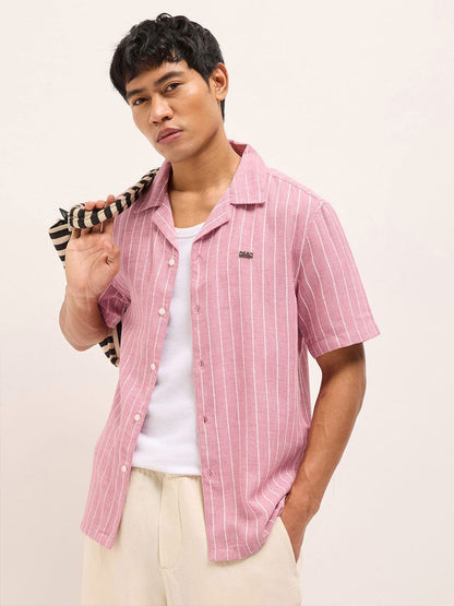 Relaxed Fit Vertical Striped Short Sleeves Linen Shirt