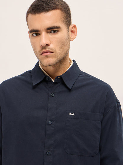 Navy Blue Solid Relax Fit Overshirt