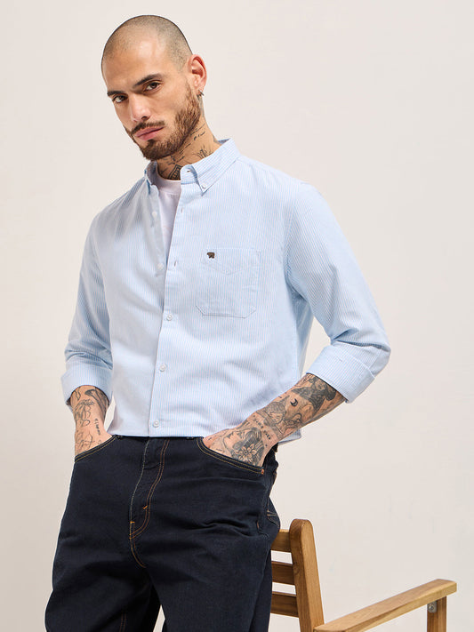 Blue Vertical Pin Stripes Slim Fit Casual Shirt