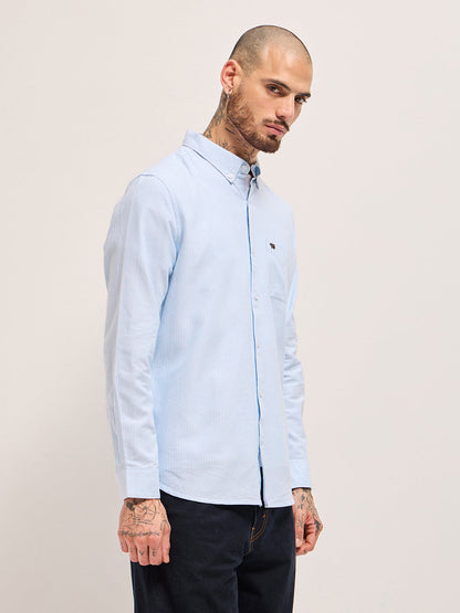 Blue Vertical Pin Stripes Slim Fit Casual Shirt