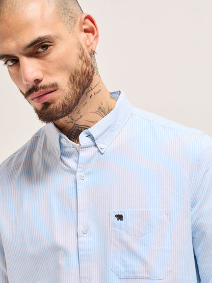 Blue Vertical Pin Stripes Slim Fit Casual Shirt