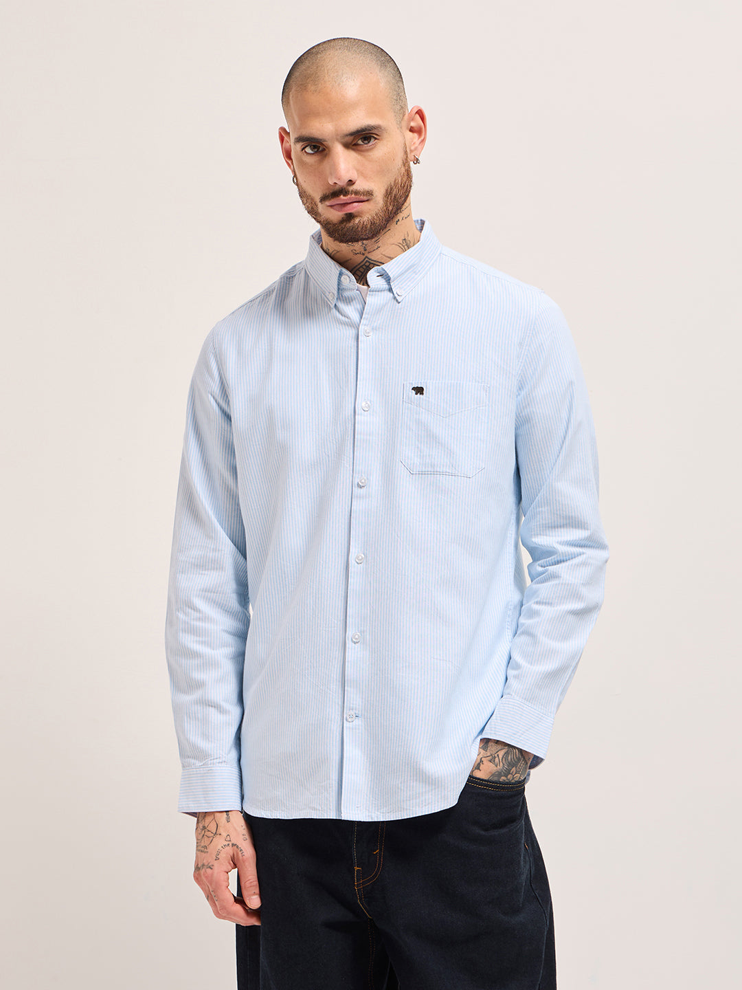 Blue Vertical Pin Stripes Slim Fit Casual Shirt