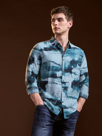 Blue Abstract Digital Print Slim Fit Casual Shirt