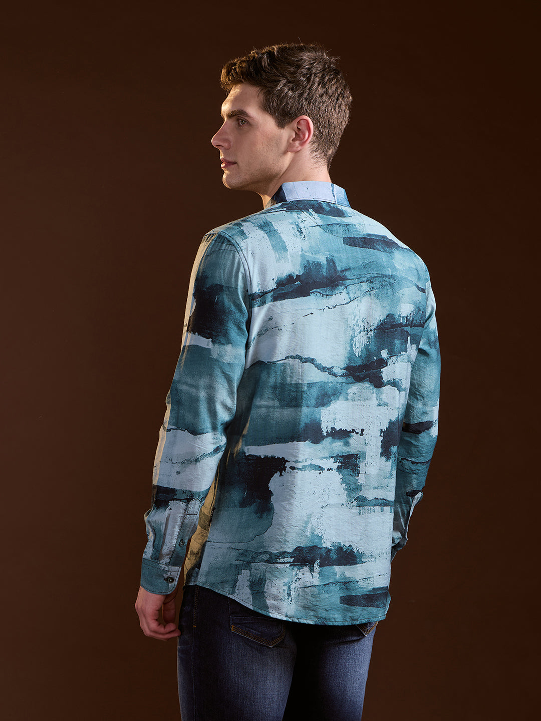 Blue Abstract Digital Print Slim Fit Casual Shirt