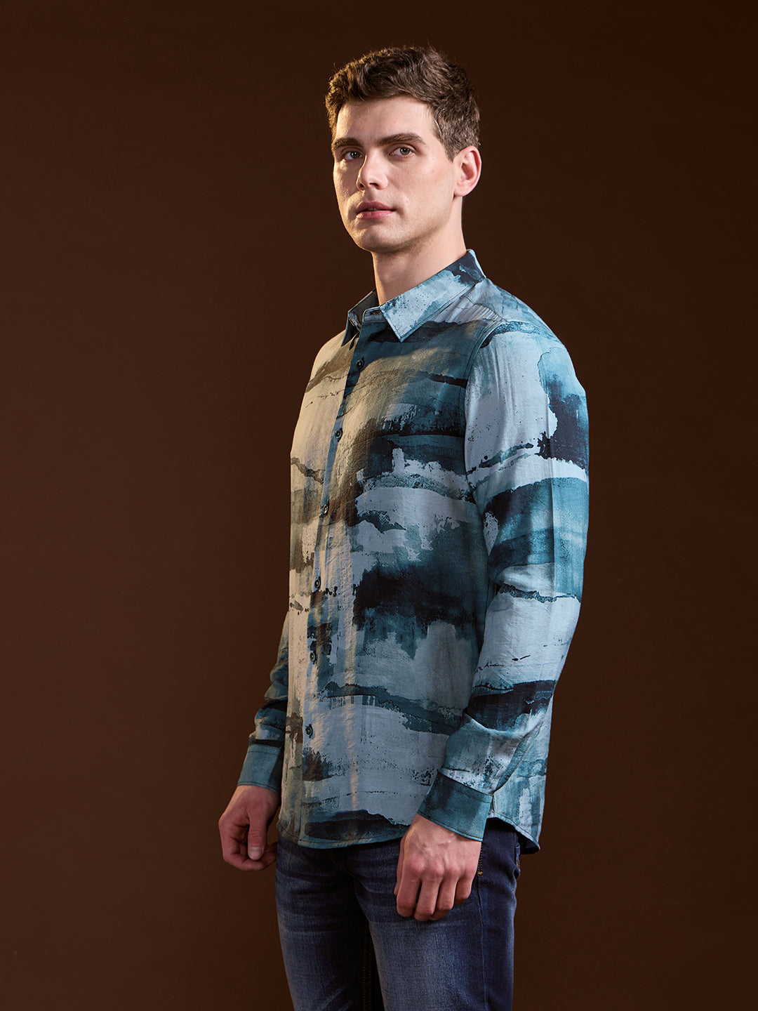 Blue Abstract Digital Print Slim Fit Casual Shirt