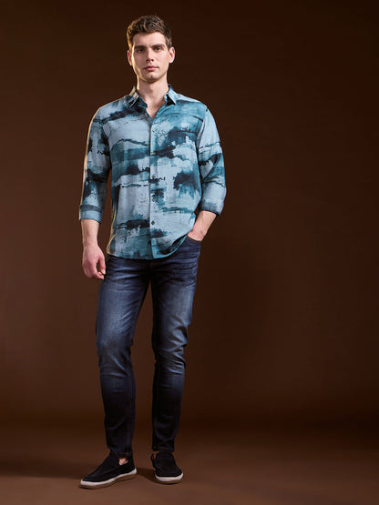 Blue Abstract Digital Print Slim Fit Casual Shirt