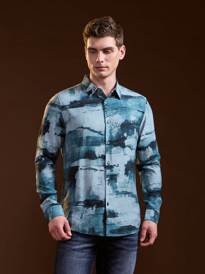 Blue Abstract Digital Print Slim Fit Casual Shirt