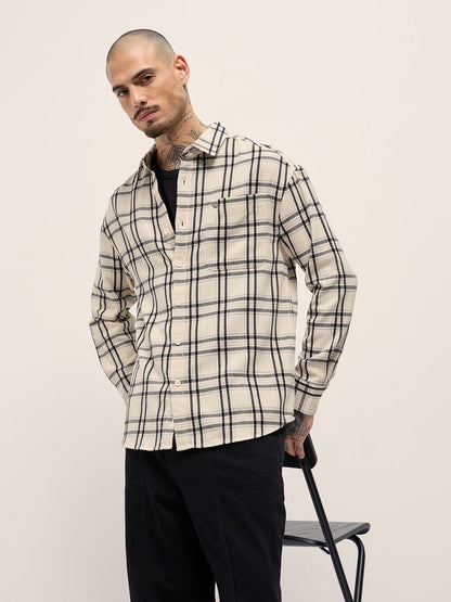 Cream Checked Relax Fit Casual Shirt