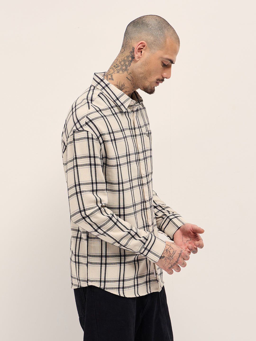 Cream Checked Relax Fit Casual Shirt