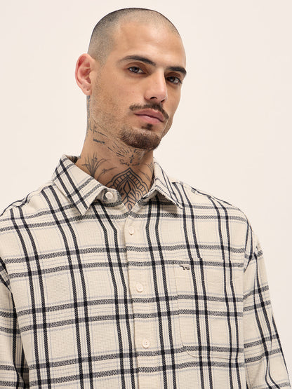Cream Checked Relax Fit Casual Shirt